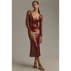 NWT ANTHROPOLOGIE Bardot Verona Long-Sleeve Sequin Slim Midi Dress SIZE 10 WINE